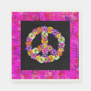 Peace Sign Floral on Black Petals Napkin