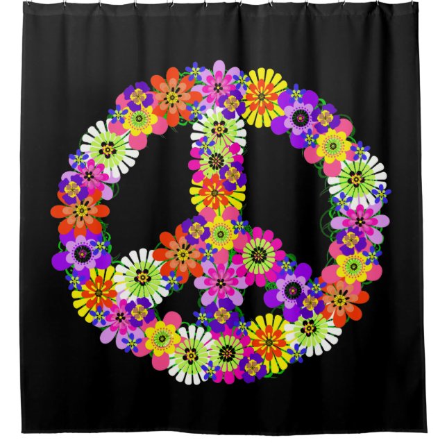 Peace Sign Floral on Black Shower Curtain (Front)