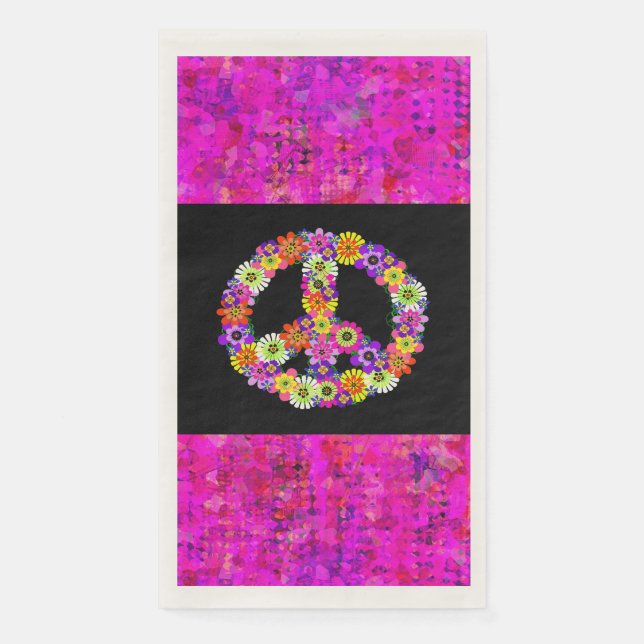 Peace Sign Floral on Black with Petals Napkin (Front)