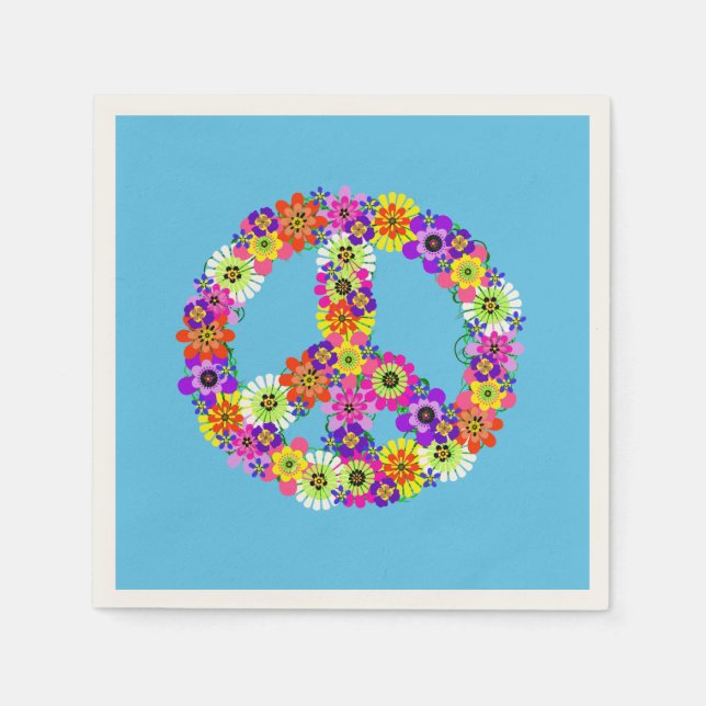 Peace Sign Floral on Blue Napkin (Front)
