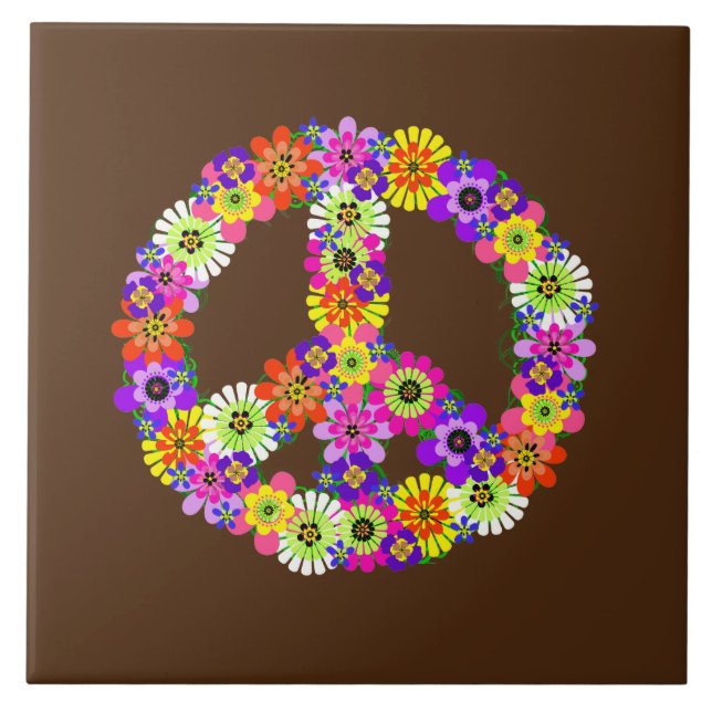 Peace Sign Floral on Brown Ceramic Tile (Front)