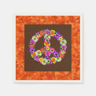 Peace Sign Floral on Brown with Orange Napkin