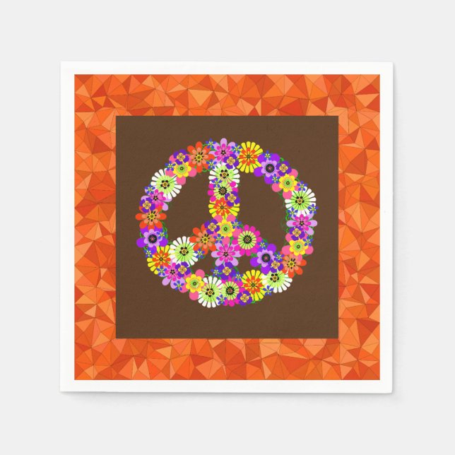 Peace Sign Floral on Brown with Orange Napkin (Front)