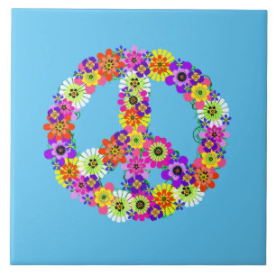 Peace Sign Floral on Light Blue Ceramic Tile