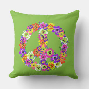Peace Sign Floral on Lime Green Outdoor Cushion