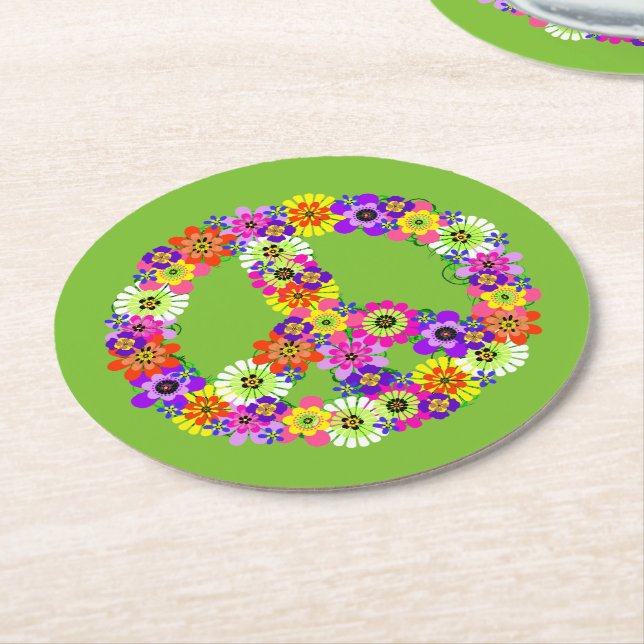 Peace Sign Floral on Lime Green Round Paper Coaster (Angled)
