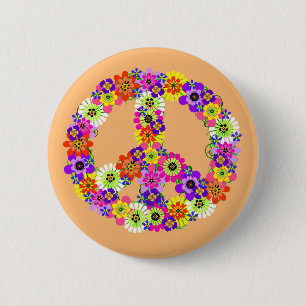 Peace Sign Floral on Peach 6 Cm Round Badge