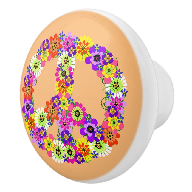 Peace Sign Floral on Peach Ceramic Knob (Right)