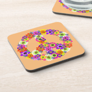 Peace Sign Floral on Peach Coaster