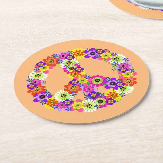 Peace Sign Floral on Peach Round Paper Coaster (Angled)