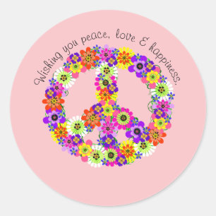 Peace Sign Floral on Pink Peace Love Happiness Classic Round Sticker
