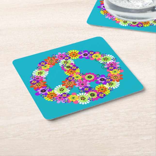 Peace Sign Floral on Turquoise Square Paper Coaster (Angled)