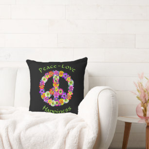 Peace Sign Floral Peace Love Happiness Cushion