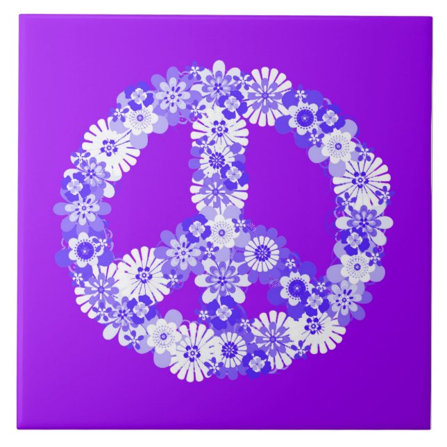 Peace Sign Floral Purple Ceramic Tile (Front)