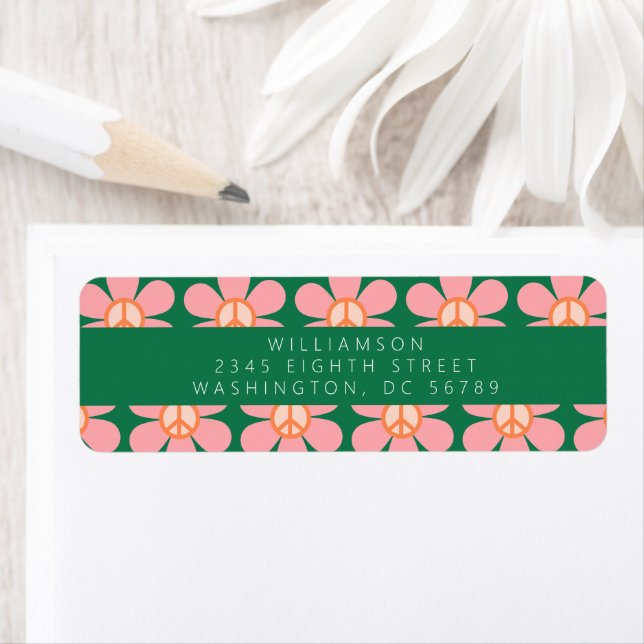 Peace Sign Flower Green Pink Shower Return Address Label (Insitu)