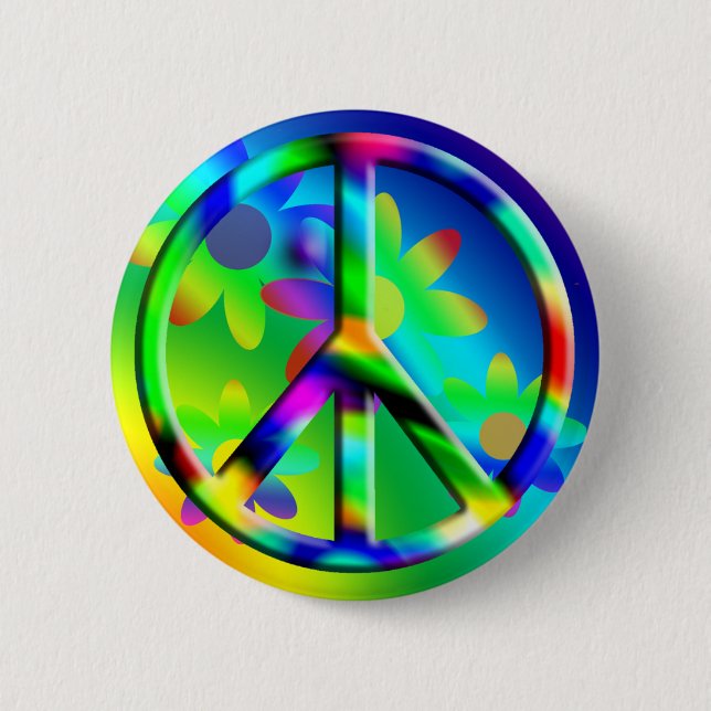Peace Sign Flower Power Hippie Button (Front)