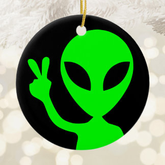 Peace Sign Green Alien Ceramic Ornament