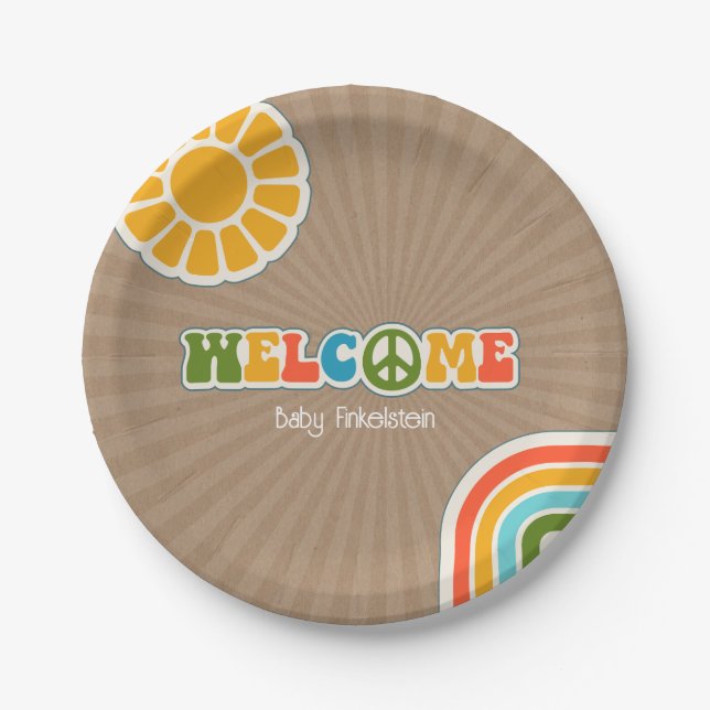 Peace Sign Groovy Welcome Baby Shower Cardstock Paper Plate (Front)