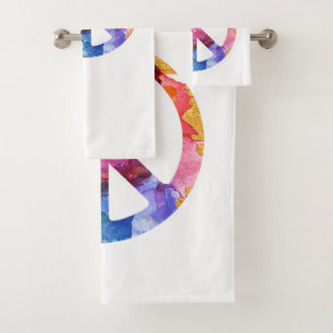 Peace Sign, Hippie Emoticon Watercolor Art Bath Towel Set