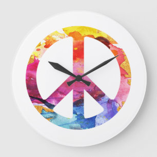 Peace Sign Hippie Girl 70s Watercolor Art Large Clock