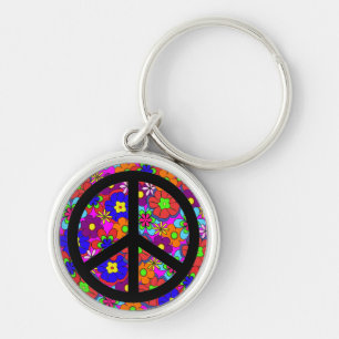 Peace Sign Hippy Retro Flowers Key Ring