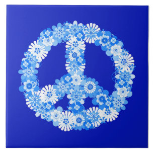 Peace Sign in Blue Ceramic Tile