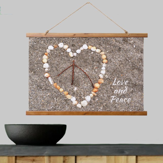 Peace Sign in Heart of Seashells on Sandy Beach Hanging Tapestry (Creator Uploaded)