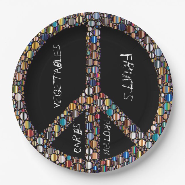 Peace sign jewel portion control paper plates-blk plate (Front)