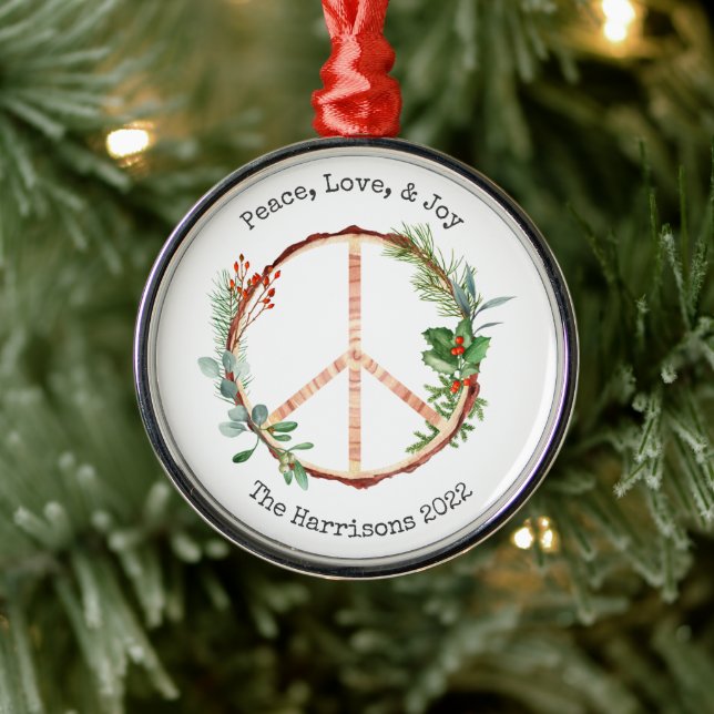 Peace Sign Joy Love Rustic Botanical Christmas Metal Ornament (Tree)