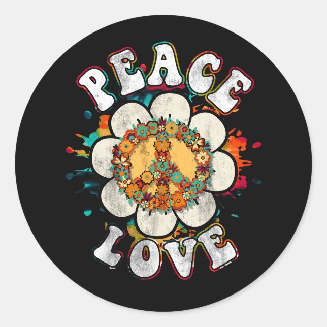 Peace Sign Love Flower 60S 70S Tie Dye Hippie Cost Classic Round Sticker (Front)
