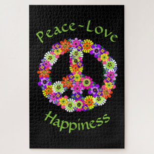 Peace Sign Love & Happiness on Black Jigsaw Puzzle