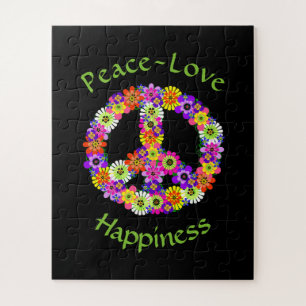 Peace Sign Love & Happiness on Black Jigsaw Puzzle