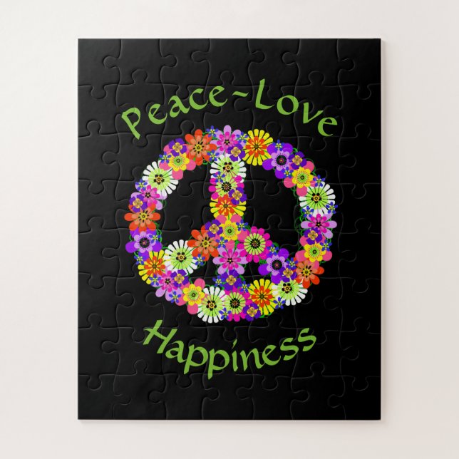 Peace Sign Love & Happiness on Black Jigsaw Puzzle (Vertical)