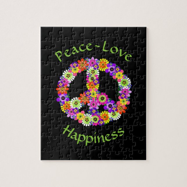 Peace Sign Love & Happiness on Black Jigsaw Puzzle (Vertical)