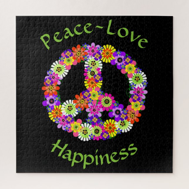 Peace Sign Love & Happiness on Black Jigsaw Puzzle (Vertical)