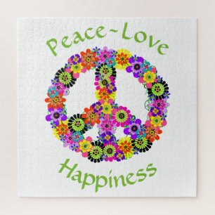 Peace Sign Love & Happiness on White Jigsaw Puzzle