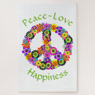 Peace Sign Love & Happiness on White Jigsaw Puzzle