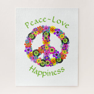 Peace Sign Love & Happiness on White Jigsaw Puzzle