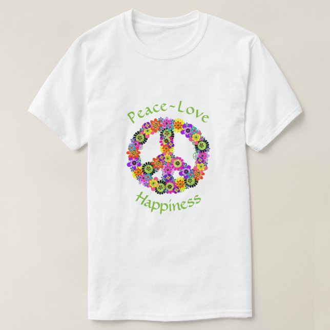 Peace Sign Love & Happiness on White T-Shirt (Design Front)