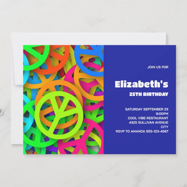 Peace Sign Pattern Groovy Sixties Vibe Birthday Invitation (Front)