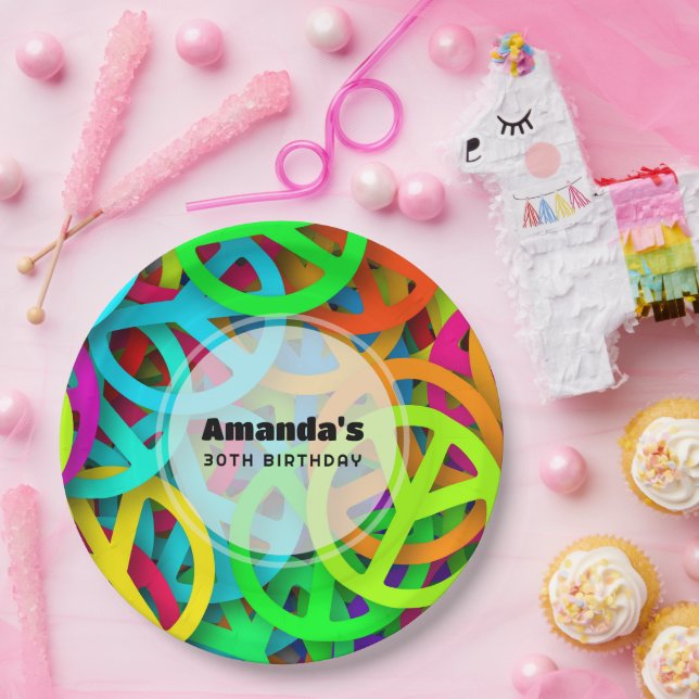 Peace Sign Pattern Groovy Sixties Vibe Birthday Paper Plate (Party)