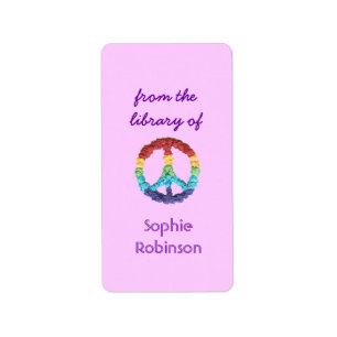 Peace sign personalised bookplate - pink vertical label