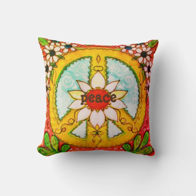 Peace Sign Pillow Daisy Love Hippie Boho (Front)