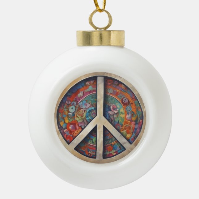 Peace Sign Pop Art Ceramic Ball Christmas Ornament (Front)