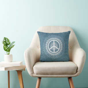PEACE Sign Symbol Hippie Daisy Denim Jeans Blue Cushion