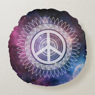 PEACE Sign Symbol Mandala Daisy Lacy Hippie Space  Round Cushion