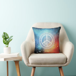 PEACE Sign Symbol Mandala Daisy Space Hippie Cushion