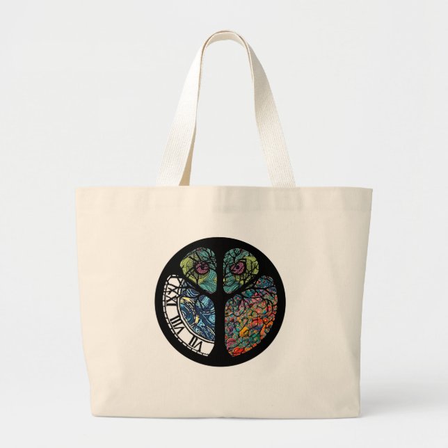 Peace Sign Tree Owl Colourful Design Large Tote Bag (Front)