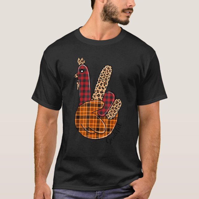 Peace Sign Turkey Grateful Turkey Hand Sign Thanks T-Shirt (Front)