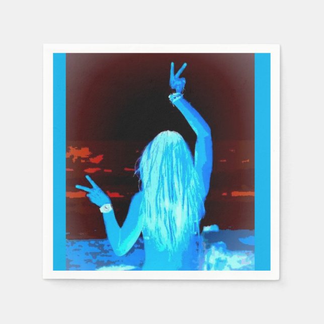 peace sign waving blue hippie girl napkin (Front)